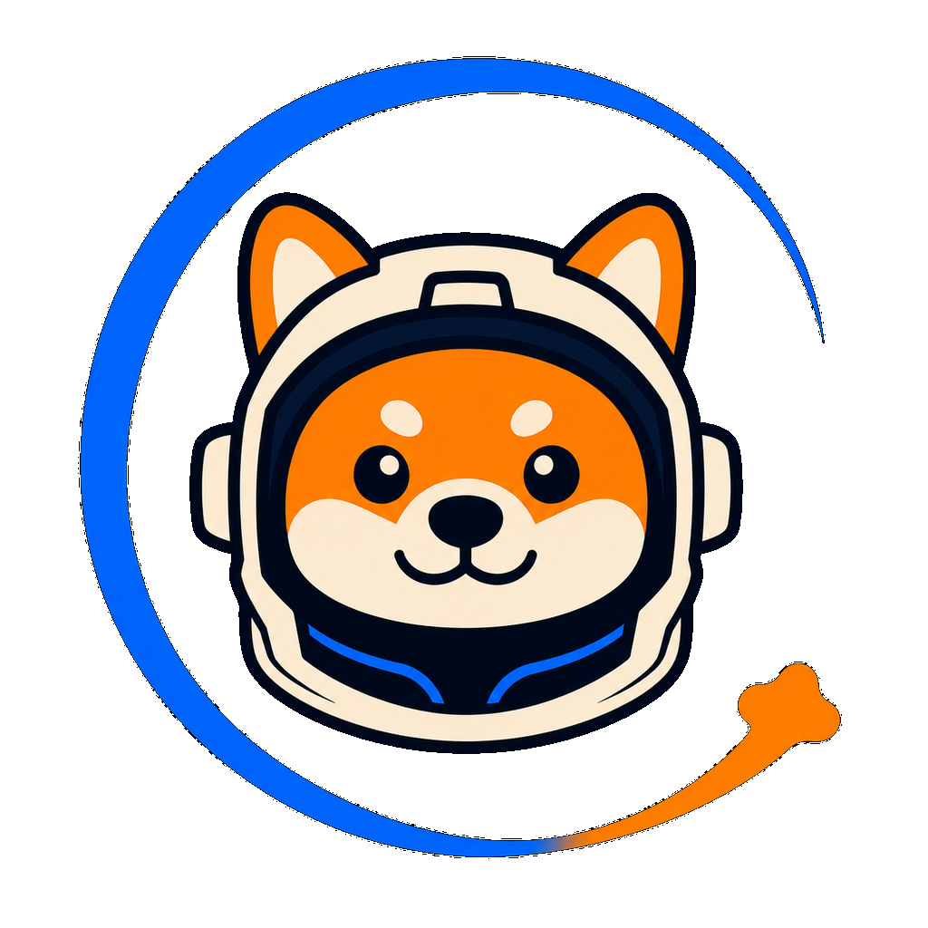 ASTEROID XRPL’s orange-and-cream Shiba astronaut inside an open electric-blue orbit ending in an orange comet.